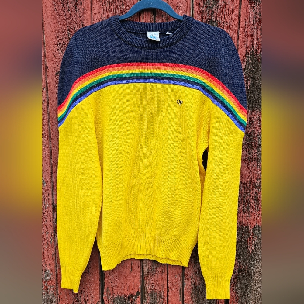 Ocean Pacific (OP) • Vintage • Retro • Yellow/ Blue • W/ Rainbow Stripes •medium